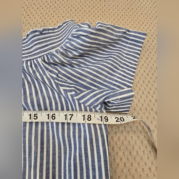 J Crew Size 10 Chambray Blue/White Stripe Dress w/Elastic Neckline Off Shoulder - Picture 6 of 12